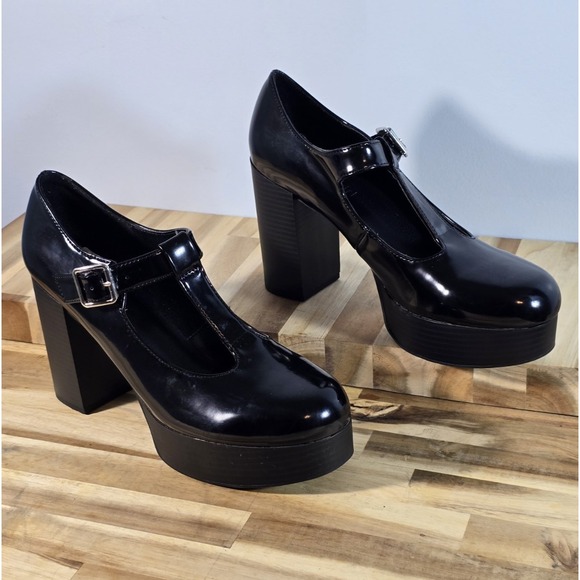Madden Girl G-Sally Black Faux Patent Platform Mary Jane Heels Size‎ 9.5M Chunky - Picture 1 of 12